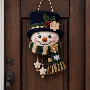May include: A crocheted snowman wall hanging featuring a dark blue top hat adorned with green holly leaves, red berries, and a cream flower. The snowman has a white face, orange nose, and a striped green and cream scarf with two wooden buttons, a white snowflake, and two dangling cream stars with gold bells.