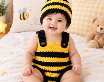 Crochet Bumblebee Baby Romper & Beanie Pattern (Digital PDF)