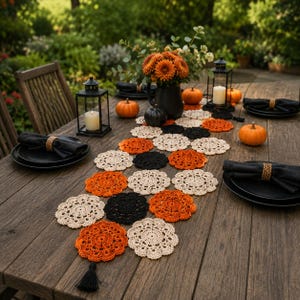 May include: A table runner composed of interconnected circular crochet doilies in alternating orange, black, and cream colors. The runner is laid out on a wooden table with black plates, black napkins, lanterns, and small orange pumpkins.