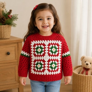 May include: A long-sleeve crochet jumper featuring a red base with a central panel of four white and green granny squares. The jumper has a ribbed crew neckline, cuffs, and hem, with a red, white, and green striped pattern on the sleeves.