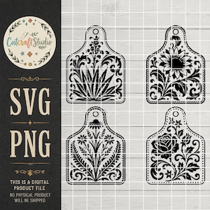 Könnte beinhalten: Vier schwarz-weiße digitale Designs in Form von Schneidebrettern mit komplexen Blumen- und Pflanzenmustern. Jede Form hat oben ein Loch. Der Text Cutcraft Studio, SVG und PNG ist auf der linken Seite des Bildes deutlich zu erkennen.