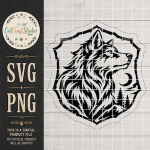 May include: A black and white digital graphic file featuring a stylized wolf head profile inside a decorative shield-shaped border. The design includes a crescent moon and pine tree silhouettes. Text on the left reads CutCraft Studio, SVG, and PNG.