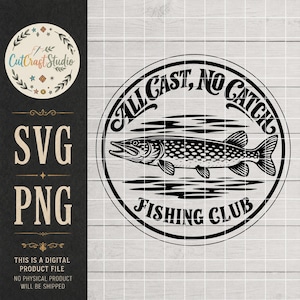 Grappige SVG- en PNG-afbeelding voor vissen, 'All Cast No Catch'-visclub, leren petpatch met snoekmotief, lasergegraveerd en -gesneden bestand, cadeau-ontwerp voor vissers