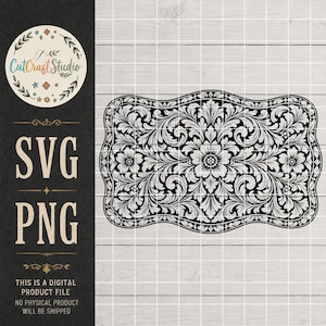 Puede incluir: Un archivo gráfico digital que presenta un patrón de volutas florales en blanco y negro de estilo western con forma rectangular y bordes festoneados. El diseño incluye motivos complejos de hojas y flores. El texto a la izquierda dice CutCraftStudio SVG PNG.