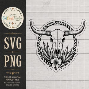 May include: A black and white digital graphic design featuring a longhorn steer skull centered within a circular rope frame. Below the skull are stylized agave leaves and a single flower. The design includes text reading CutCraft Studio, SVG, and PNG.