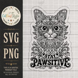 Può includere: Un file grafico digitale che presenta un'illustrazione in bianco e nero al tratto di un muso di gatto con motivi complessi, posizionato sopra il testo STAY PAWSITIVE. Il design include elementi floreali decorativi e piccole impronte.