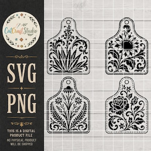 Ear Tag SVG Bundle Cattle Tag PNG Western Tooled Leather Floral Cow Tag Laser Engraving File Rancher Leather Hat Patch Designs Logo Cut File