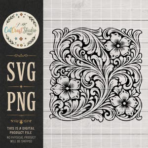 Könnte beinhalten: Eine digitale Grafikdatei mit einem schwarz-weißen Blumenmuster aus geschwungenen Blättern und drei markanten Blüten. Das Bild enthält den Text CutCraft Studio, SVG, PNG und This is a digital product file.