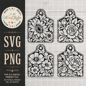 May include: Four black and white digital tag designs featuring intricate floral patterns including sunflowers, roses, and other blossoms. Each tag has a rounded top with a circular hole. The text CutCraft Studio, SVG, and PNG is visible.