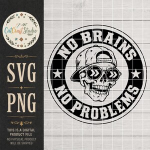 Peut inclure: Un motif graphique circulaire en noir et blanc représentant un crâne portant une casquette de baseball et des lunettes de soleil rondes. Le texte NO BRAINS NO PROBLEMS est arqué autour du crâne, avec une étoile de chaque côté. Le motif est quadrillé.