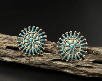 Large Needle point Turquoise Cluster Earrings / 1 1/16" round / Zuni Handmade