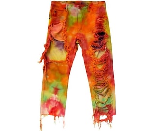 Distressed and Shredded Tie Dye Jeans