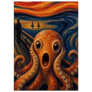 May include: An orange octopus with large eyes and an open mouth is positioned in the foreground. Behind it, a dark wooden bridge extends into a swirling blue sea under a vibrant orange and red sky. Two small sailboats and two figures are visible.