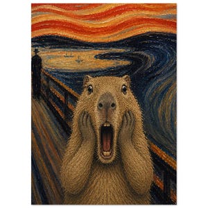 May include: A textured art print featuring a brown capybara with its mouth wide open and hands pressed against its cheeks, mimicking a famous expressionist painting. The background displays a swirling dark blue sea and a vibrant orange, wavy sky.