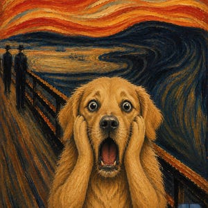 May include: An oil painting featuring a golden retriever with a shocked expression, paws pressed against its cheeks, positioned on a bridge. The background depicts a swirling, textured landscape with a vibrant orange sky and dark blue water.