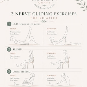 Może przedstawiać: Plakat instruktażowy zatytułowany 3 Nerve Gliding Exercises for Sciatica od Mobility Craft. Przedstawia trzy ćwiczenia: SLR, Slump i Long Sitting, każde z wariantami slider i tensioner pokazującymi pozycje szyi oraz kolan podczas ruchu.