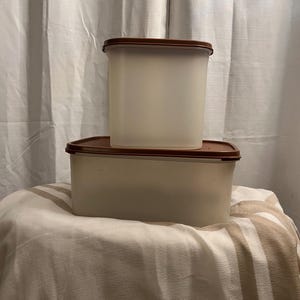 Tupperware 80er Jahre VTG Modular Mates Stapel Set - Oval 3 & Rechteckig 2 mit Braunen Deckeln