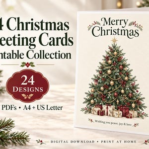 24 Printable Christmas Cards, Watercolor Holiday Bundle, 5x7 Folded Cards, A4 & US Letter PDFs