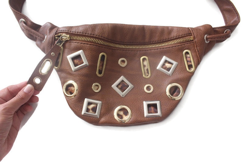 Vintage 90s Faux Brown Leather and Gold Animal Print Fanny Pack