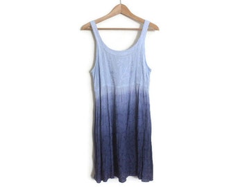 Vintage India Boho Blue Ombre Rayon Embroidered Dress