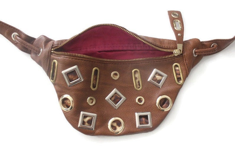 Vintage 90s Faux Brown Leather and Gold Animal Print Fanny Pack
