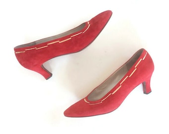 Vintage 90s Bruno Magli Red and Gold Suede Pumps - 8 Women