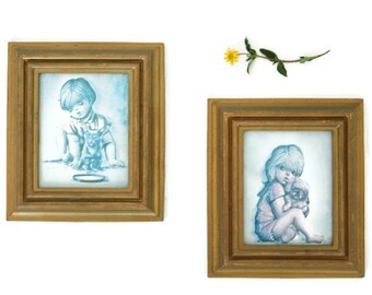 Vintage Italian 70's Two Small Printed Paintings of Children w/ Dog & Cat