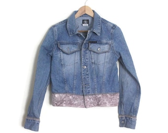 Vintage 90s DKNY Blue Denim Jacket w/ Dusty Pink Velvet Trim - Medium