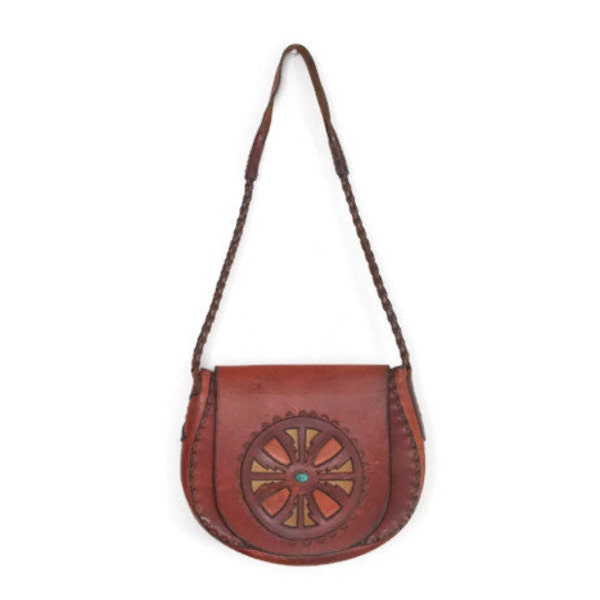 Vintage Southwest 70s Brown Leather Tooled Purse