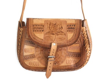 Vintage 70s Mexican Brown Leather Tooled Crossbody Purse