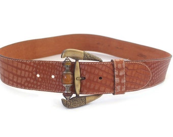 Vintage Italian 80s Brown Leather Wide Belt