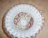 Vintage Fenton Hand Painted Rose Bowl Ruffled edge Art glass