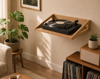 Solid Wood Record Player Shelf – Mid-Century Modern Wall Mount Turntable Stand