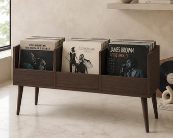 Soporte de madera maciza para discos de vinilo, vitrina para LP de mediados de siglo, soporte de madera hecho a mano para discos.