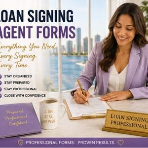 May include: A collection of loan signing agent supplies including a purple binder with the text 'Prepared Professional Confident', a white mug with 'SIGN SEAL DELIVER', and a gold desk sign reading 'LOAN SIGNING PROFESSIONAL' on a table.