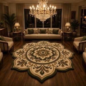Handmade Floral Mandala Tufted Rug: Green Cream Botanical Area Accent