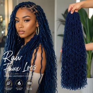 May include: Deep blue faux locs hair extensions with a textured, wavy appearance. The text on the image reads Raw Faux Locs, Natural, Lightweight, Stunning, Lightweight Comfort, Hot Water Setting, and Natural Texture.