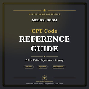 Può includere: Una guida di riferimento grigio scuro intitolata Medico Boom CPT Code Reference Guide 2025 Edition. Presenta testo dorato, linee decorative e sezioni per Office Visits, Injections, Surgery, E/M Codes e Global Periods con un link al sito web.
