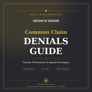 May include: A dark grey informational guide titled Medico Boom Common Claim Denials Guide: Causes, Prevention & Appeal Strategies. The cover features gold text, a 2025 edition label, and three oval buttons labelled 10 Denial Types, CARC Codes, and Appeal Templates.