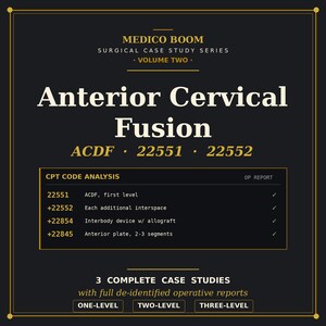 May include: A black educational poster titled Medico Boom Surgical Case Study Series Volume Two Anterior Cervical Fusion ACDF 22551 22552. It includes a CPT code analysis table for surgical procedures and notes three complete case studies.