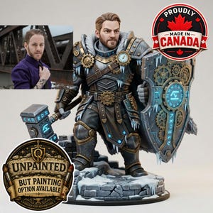 May include: A miniature figurine of a bearded warrior in dark metallic armor with gold gear accents, holding a glowing blue rune hammer and a shield with clockwork details. The figure stands on a snowy stone base with icicle decorations.