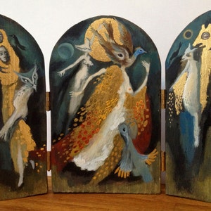 Original Art Painted Wooden Triptych Icon with 23.5ct Gold Leaf Detail Depicting Nocturnal Birds with Golden Gown Magic Surreal Contemporary