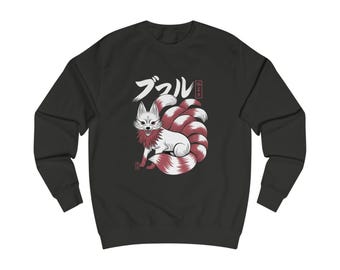 Japoński streetwear z lisem Kitsune o dziewięciu ogonach | Grafika anime | Mitologia japońska | Grafika kanji | Bluza z okrągłym dekoltem