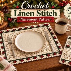 Puede incluir: Un mantel individual rectangular de ganchillo color crema y un portacubiertos a juego con un borde verde oscuro y detalles de bayas rojas. Las piezas muestran un patrón de punto de lino con un motivo central de copo de nieve. El texto dice Crochet Linen Stitch Placement Pattern, Digital Crochet Pattern, Cozy Handmade Holidays y Small Details Brighter Holidays.
