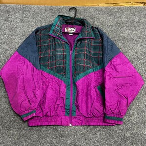 Active Stuff Windbreaker Mens Size M Purple Teal Plaid Colorblock Vintage Retro