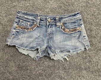 Pantalones cortos vaqueros Grace in LA para mujer, talla 25, azul con lentejuelas, ribete de leopardo y bajo deshilachado, estilo Y2K