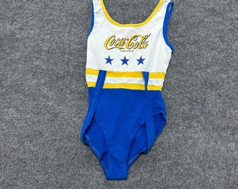 Coca-Cola Bodysuit Womens Size S White Blue Yellow Colorblock Stars Logo Vintage