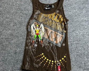 Camiseta sin mangas Lot29 para mujer, talla L, color marrón, con estampado de Hawkwoman de DC Comics y efecto metalizado estilo Y2K (ajustada)