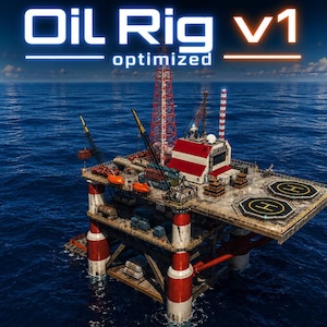 Puede incluir: Una plataforma petrolífera en alta mar situada en medio del océano, con columnas de soporte rojas y blancas, un helipuerto con dos marcas H, grúas y una estructura central. El texto Oil Rig V1 optimized aparece en la parte superior.