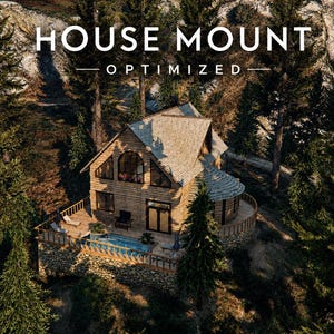Könnte beinhalten: Eine Holzhütte mit Schindeldach, Steinfundament und einem Swimmingpool auf einer Terrasse, umgeben von hohen Kiefern. Der Text HOUSE MOUNT OPTIMIZED ist oben zu sehen. Das Gebäude verfügt über mehrere Fenster und einen Balkon.